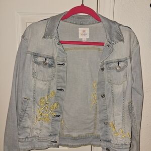 LuLaRoe Light Blue Denim Jacket with Yellow Embroidery